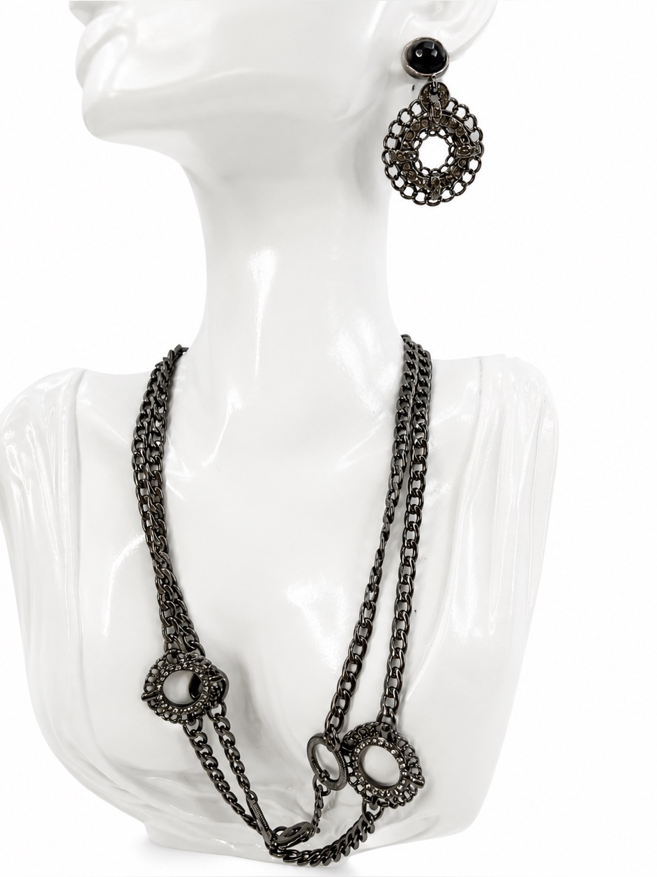 Givenchy Designer Gunmetal Tone Layered Chain Necklace & Statement Earrings Set